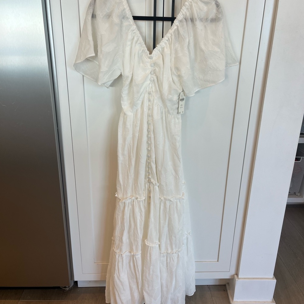 Anthropologie Cream V-Neck Tiered Maxi Dress with Flutter Sleeves